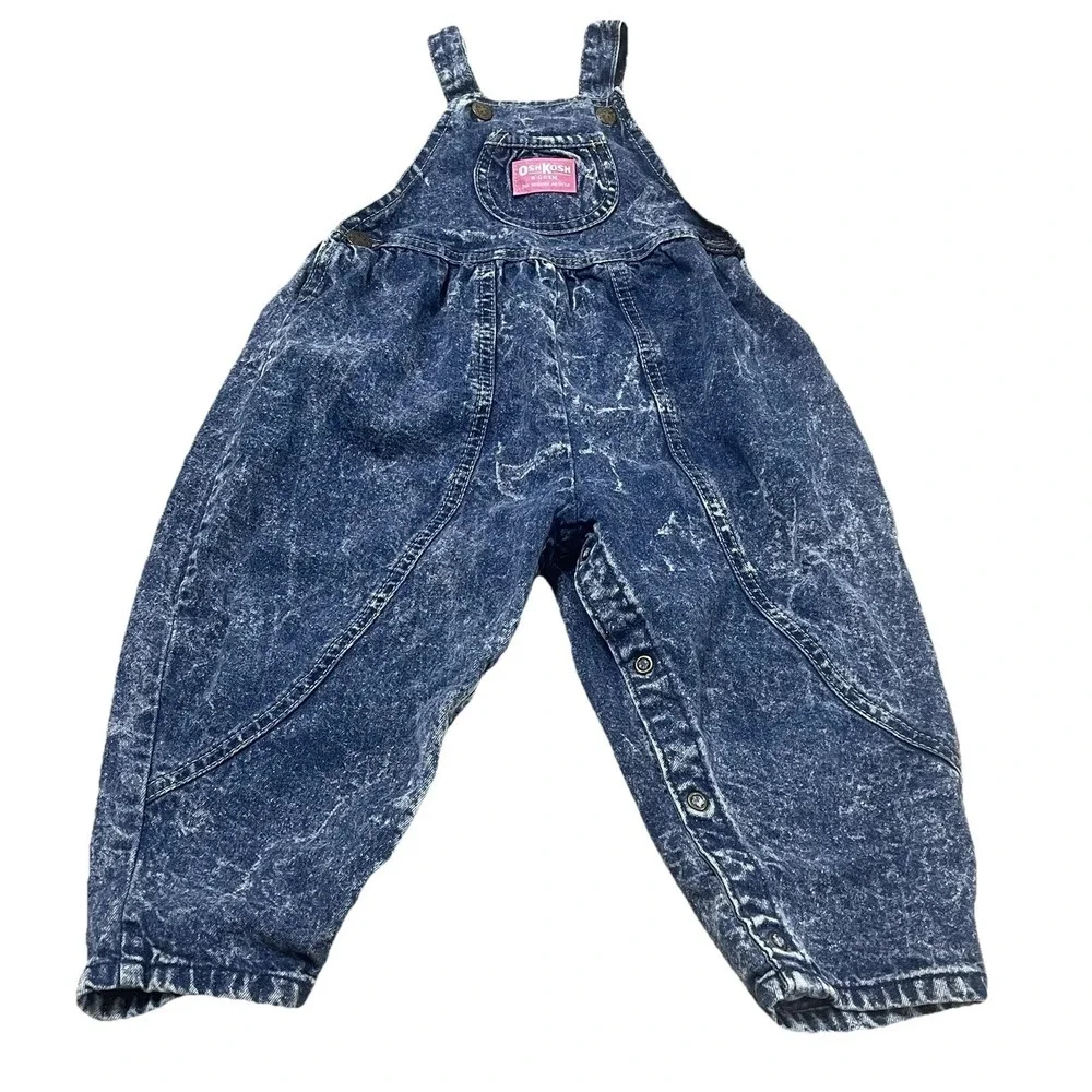 Oshkosh B'Gosh Vintage Bubble Overalls Pink Label Vest Back Acid Wash Blue 4T